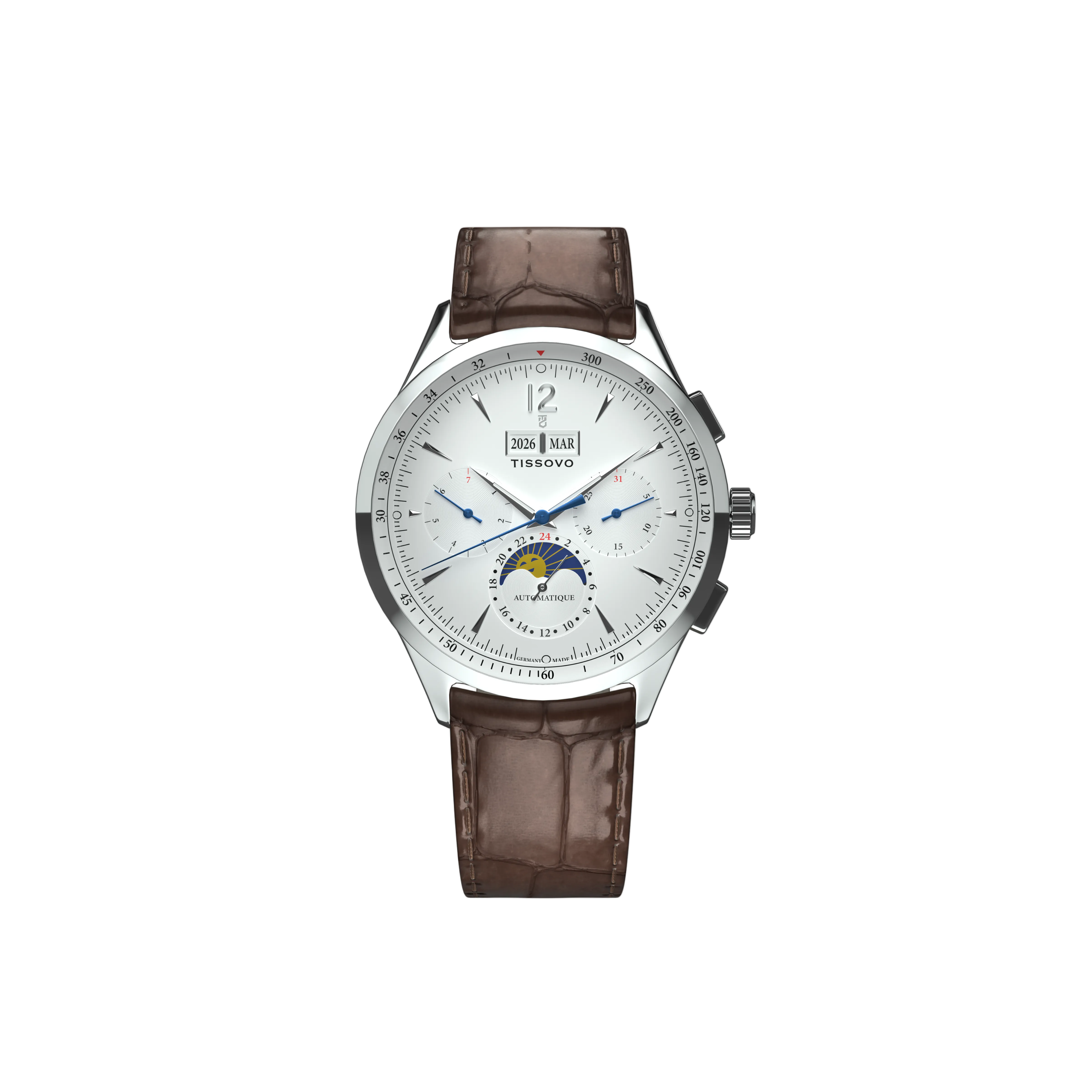 Wristwatch with brown leather strap and silver case on a white background